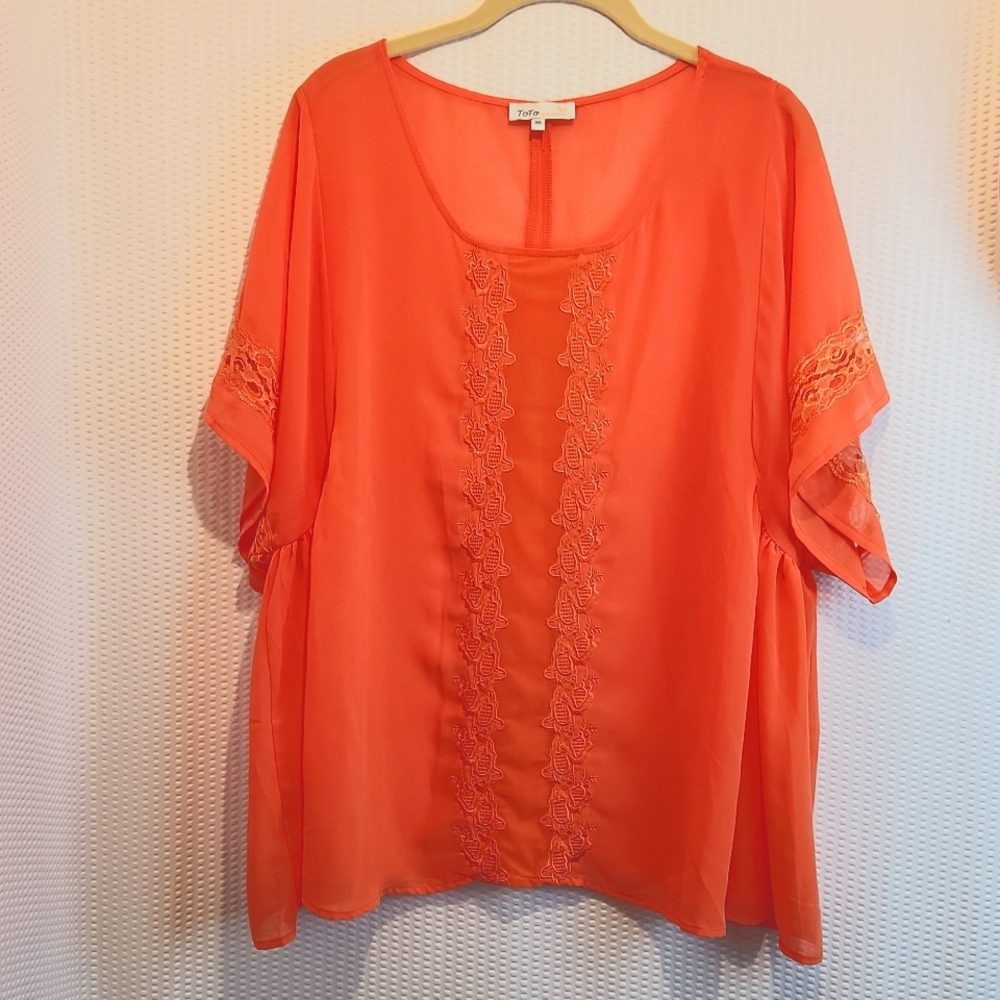 Toto Collection Sheer Top with Embroidery, Lace, and Split Back Size 3XL